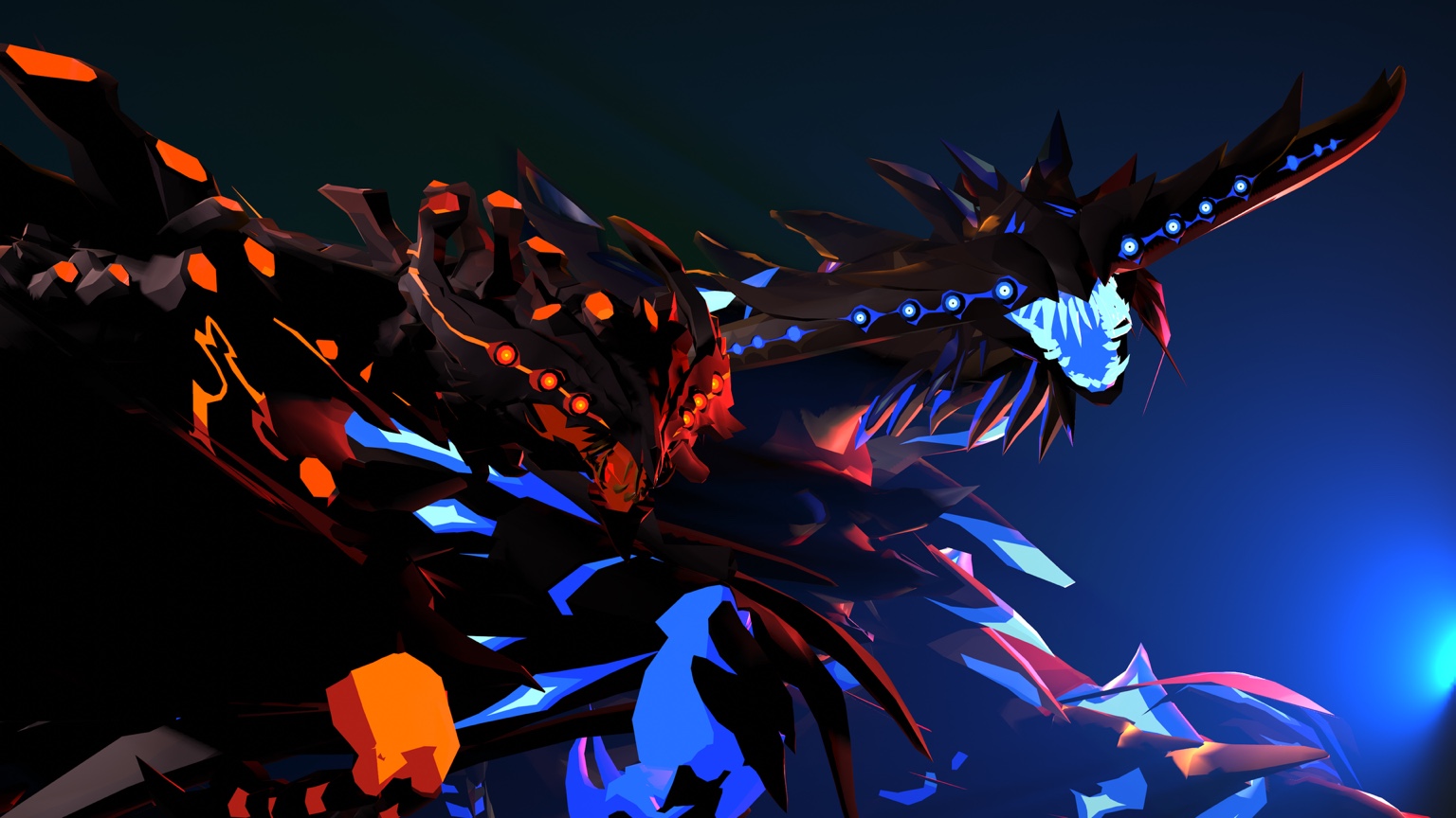 Helezhura and Helezhura Apex with glowing orange and blue markings