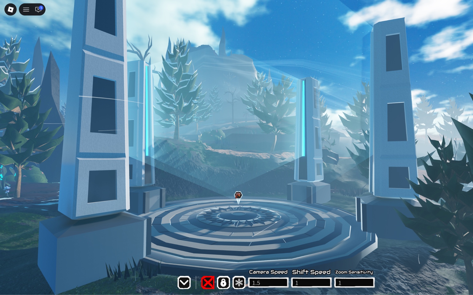 Circular event arena platform surrounded by tall pillars and trees