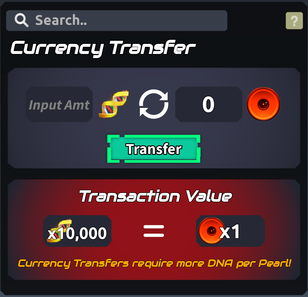 Currency Transfer menu showing 10,000 DNA equals one pearl